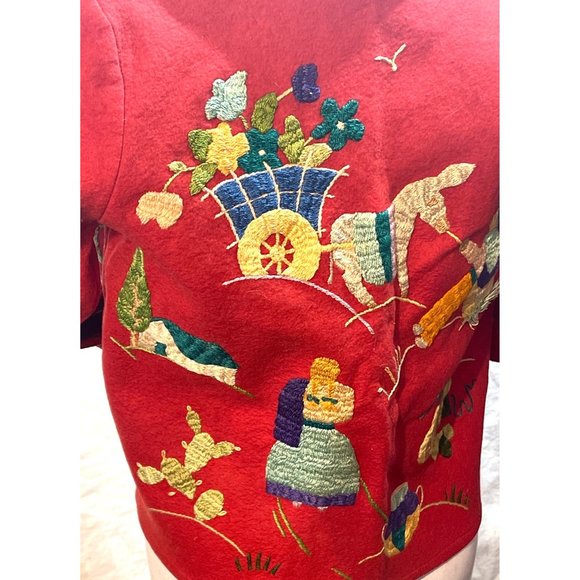 Vintage Handmade Embroidered Sweater Jacket Village Farmer Setting OOAK - Picture 10 of 16